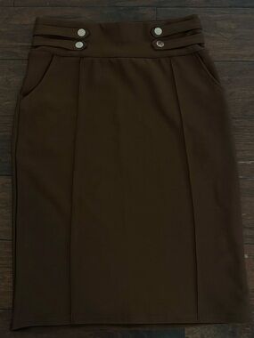 Harper Chocolate Brown Pencil Skirt with Buttoned Waist Detail